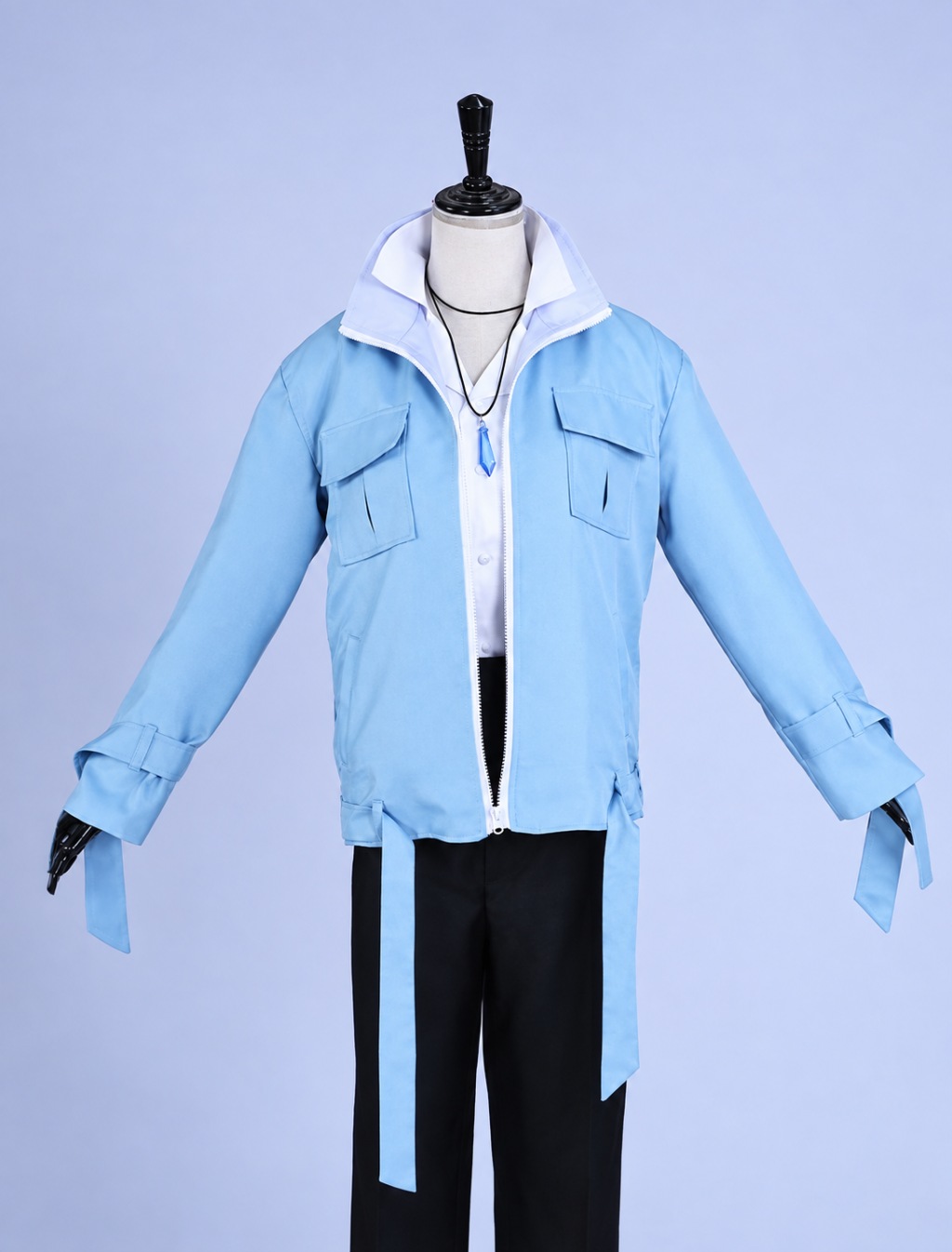 Eiden cosplay outfit with blue jacket, white shirt, black trousers and pendant