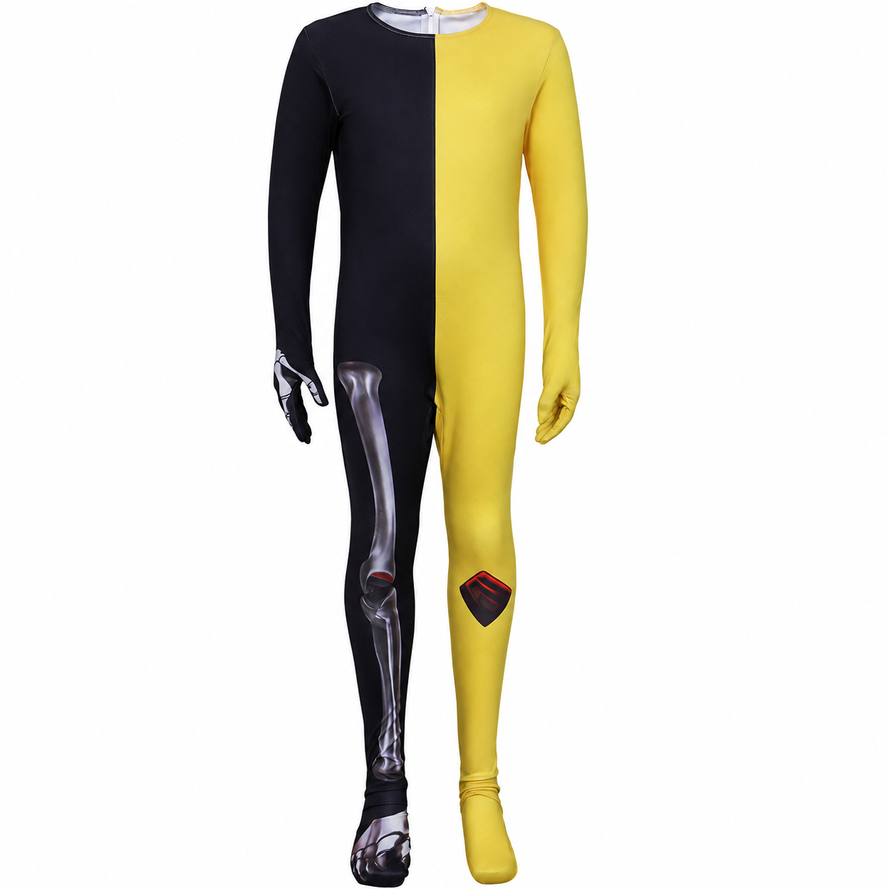 Half-yellow half-black skeletal printed base-layer bodysuit