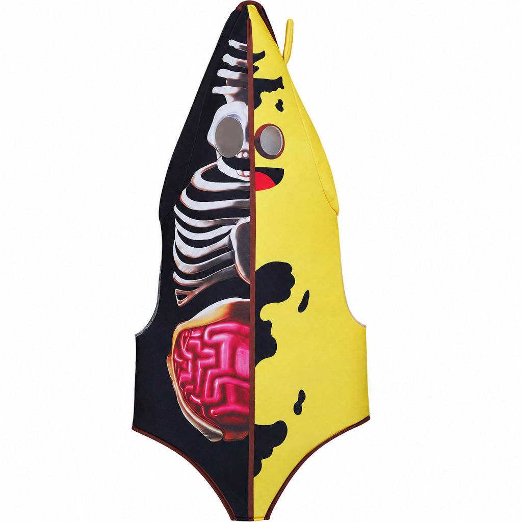 Half-skeletal Peely-style banana costume shell