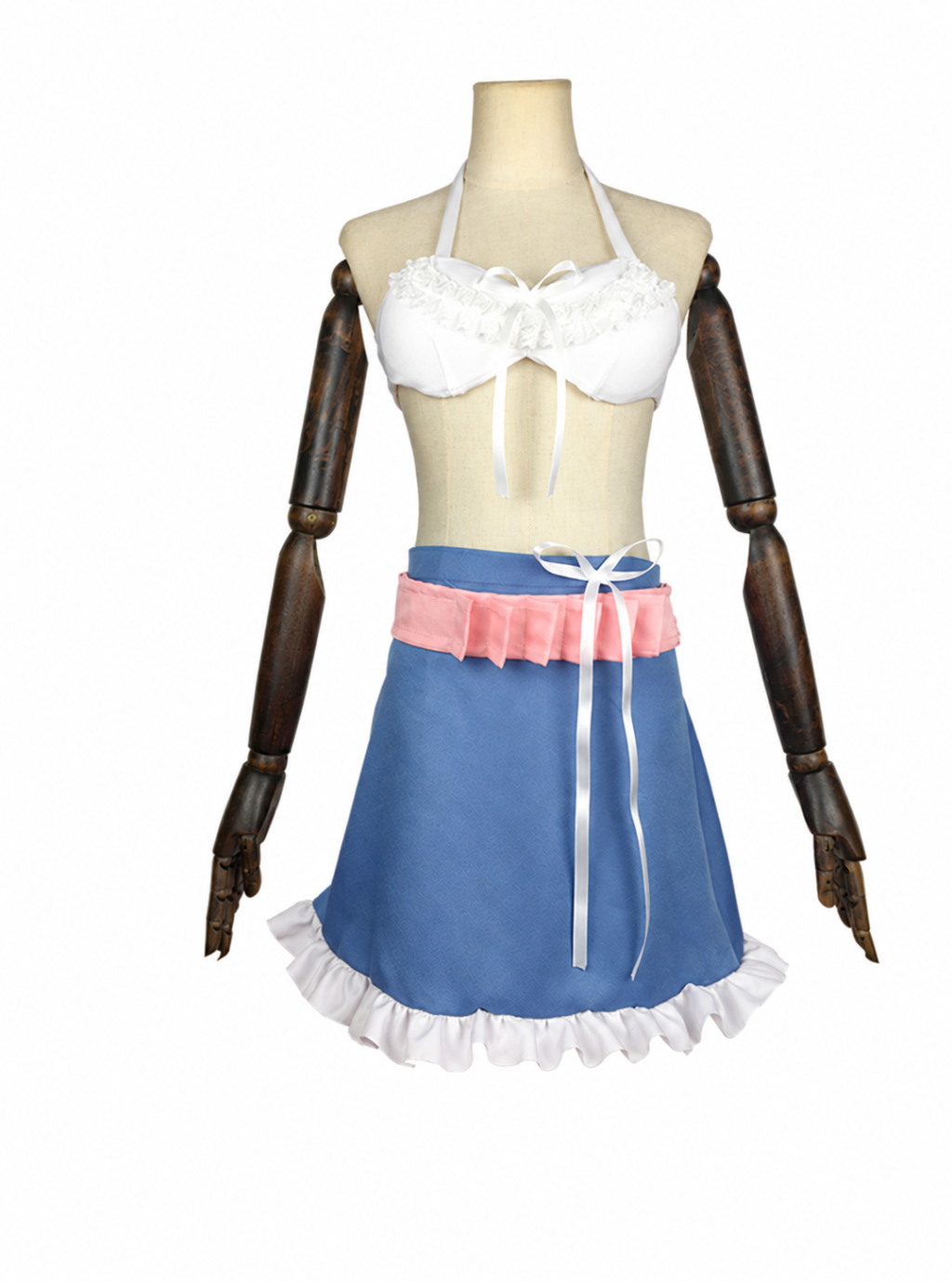 White ribbon top, blue ruffle-hem skirt and pink sash