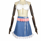 White ribbon top, blue ruffle-hem skirt and pink sash