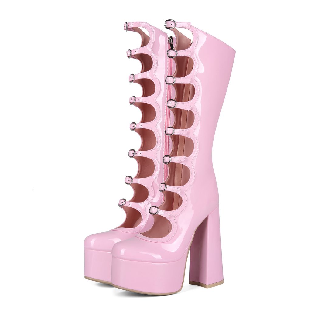 Pink buckle-front platform boots — pair with side zipper visible