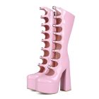 Pink buckle-front platform boots — pair with side zipper visible