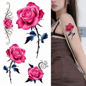 Pink roses and dark leaves temporary tattoo print with arm placement