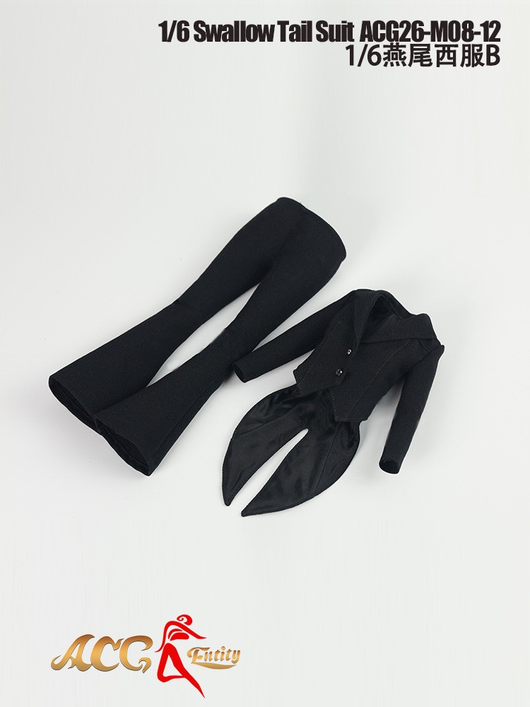 ACG26-M08-12 style B black 1:6 figure tailcoat jacket and matching flared trousers flat lay