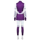 Purple costume dress and leg wraps, back view