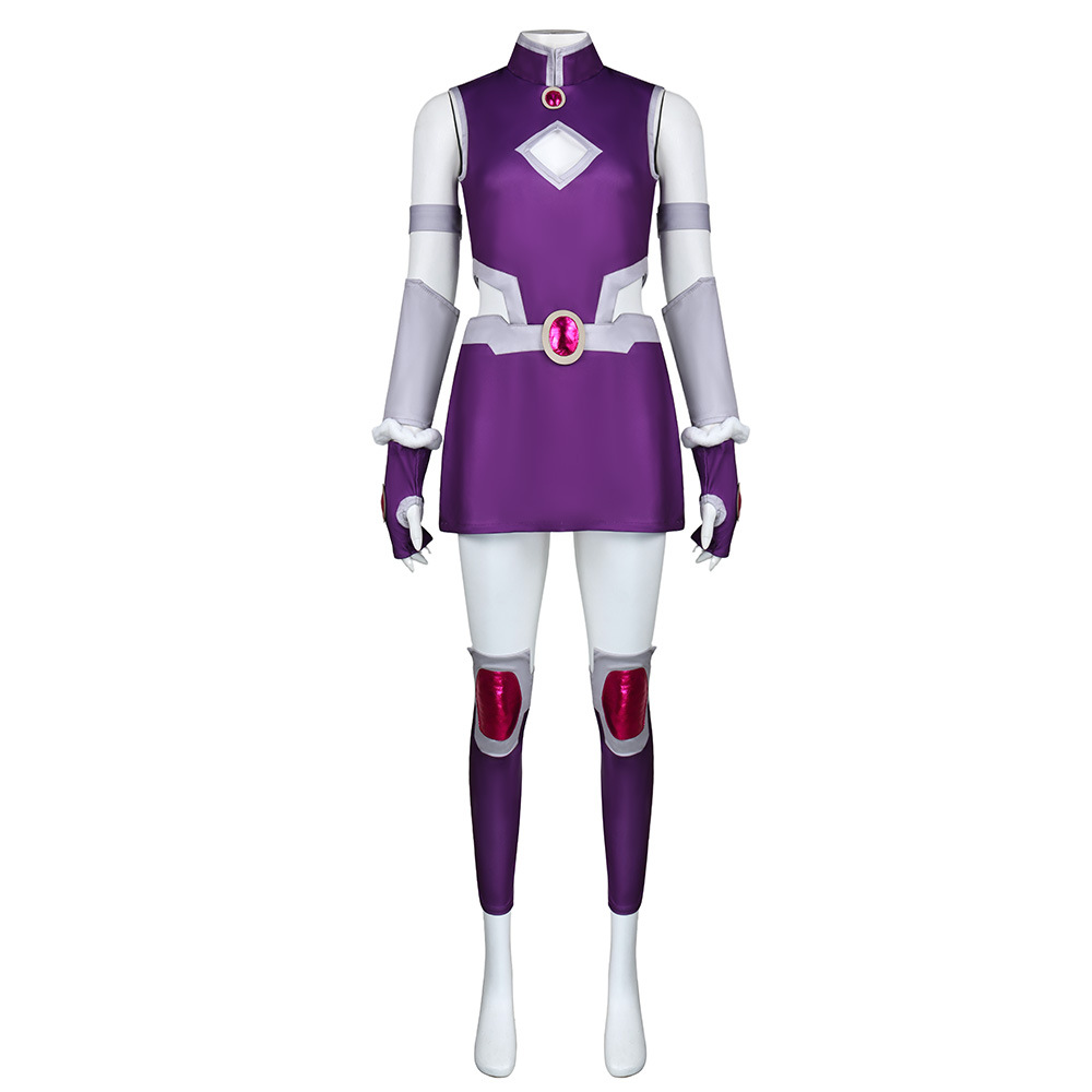 Purple costume dress, arm pieces and leg wraps, front view
