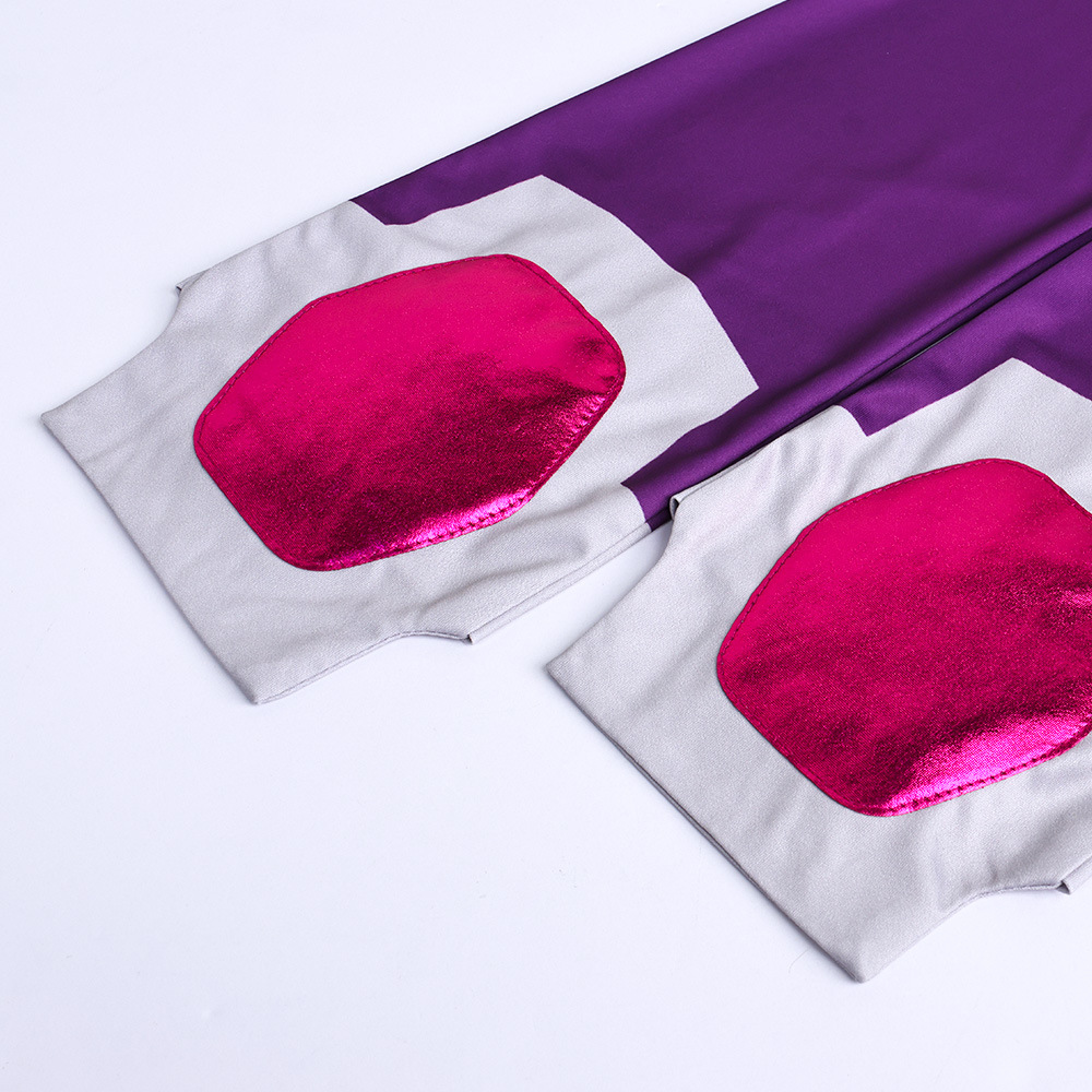 Purple and silver costume leg-wrap details