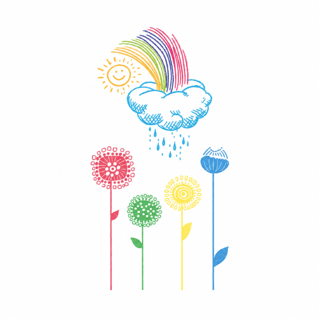 Rainbow cloud smiling sun and colored flowers temporary tattoo sheet