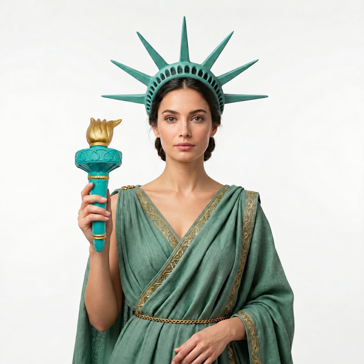 Statue of Liberty crown with gold-flame torch worn in costume styling