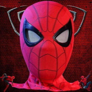 Red web manual-blink full-head mask with black eye frames