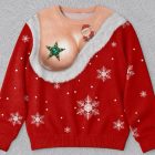 Red Snowflake Star Christmas illusion crewneck, flat front: green star, Santa at collar and white snowflakes