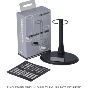 Actual black 1:6 ring-support stand with round base and blank nameplate; pictured seller sticker sheet and box