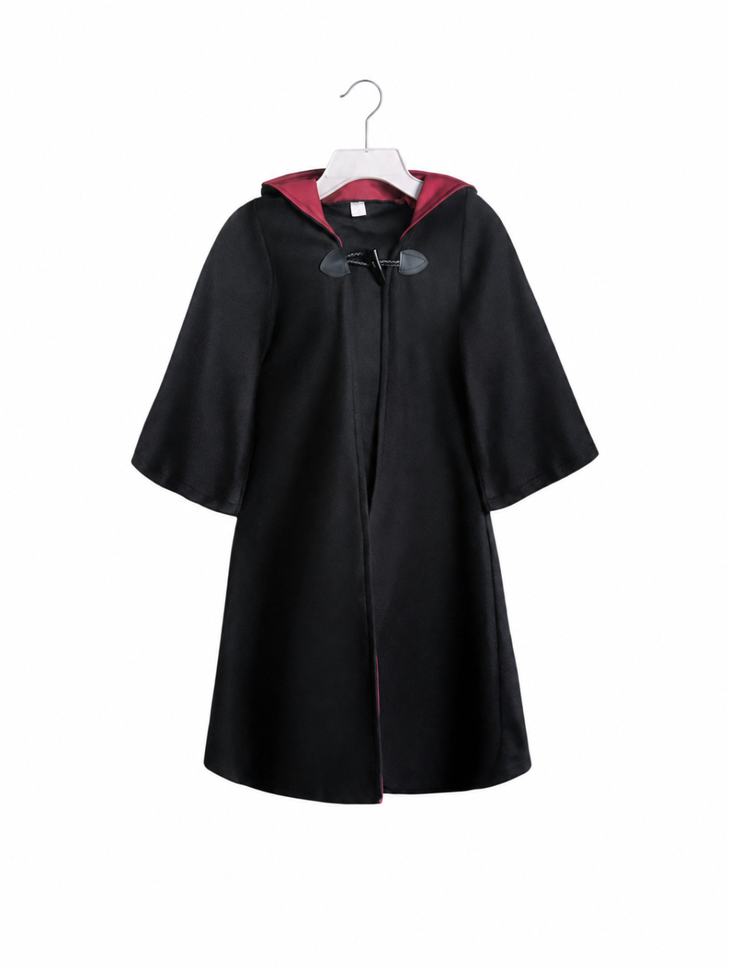 Black hooded children's wizard robe with burgundy lining and front toggles