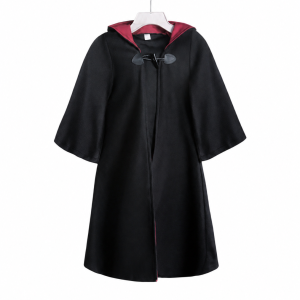 Black hooded children's wizard robe with burgundy lining and front toggles