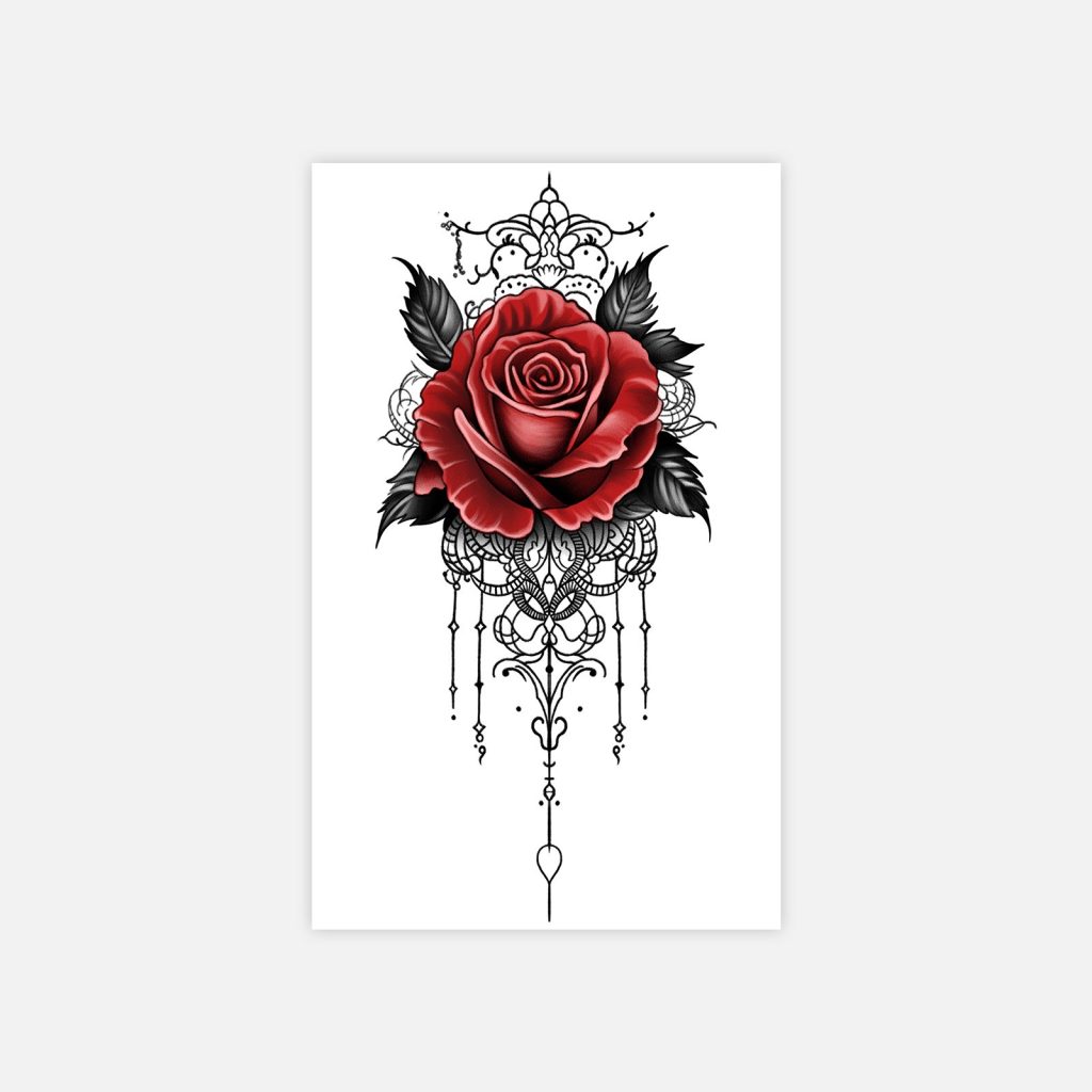 Red rose and black lace ornament tattoo sheet