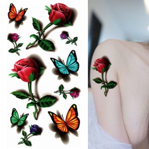 Red roses and colorful butterflies temporary tattoo print with shoulder placement