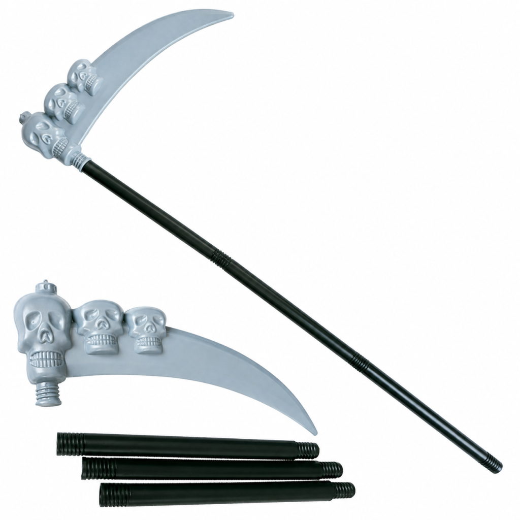 Skull scythe prop assembled and disassembled into three shaft sections