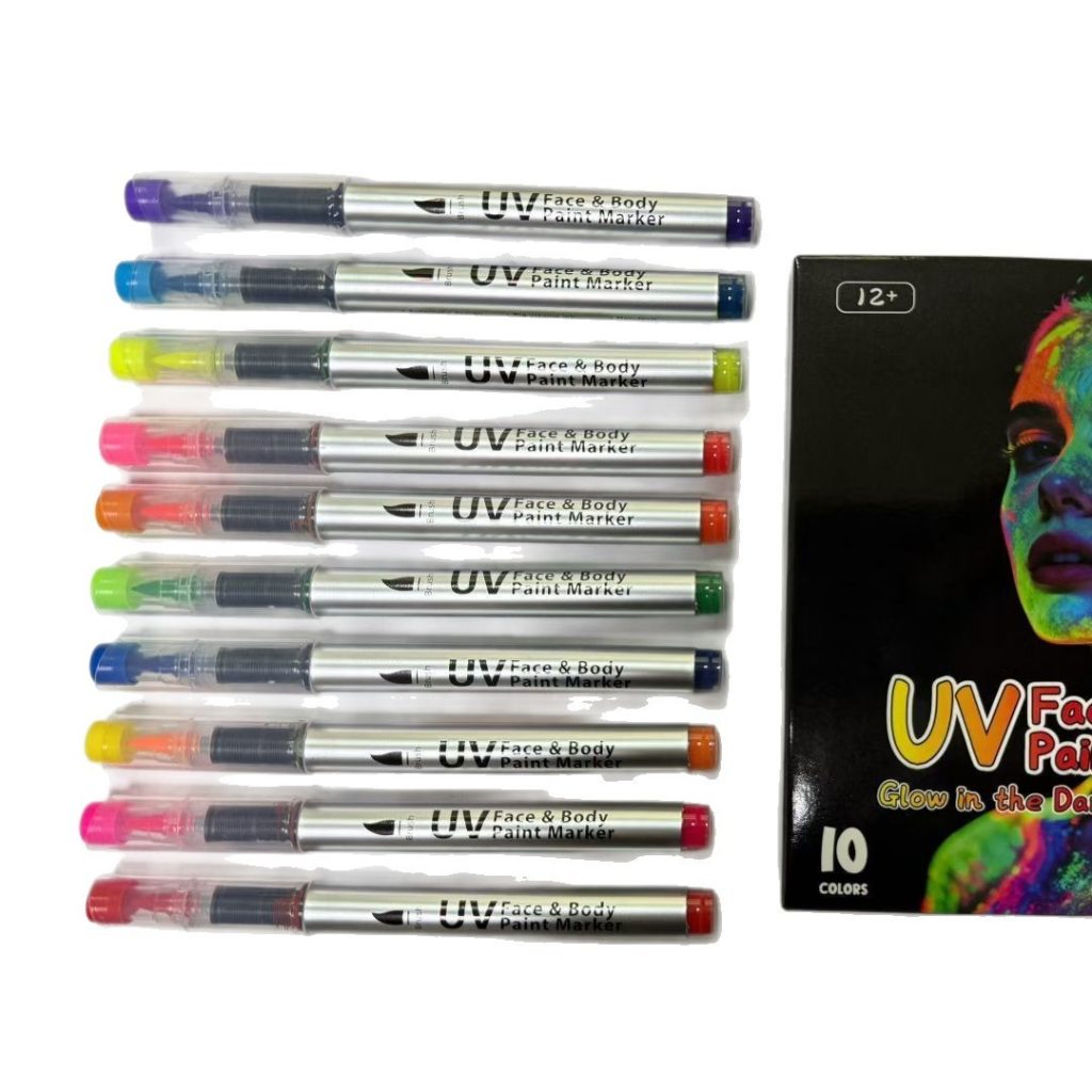 Ten capped UV face and body paint markers with retail box