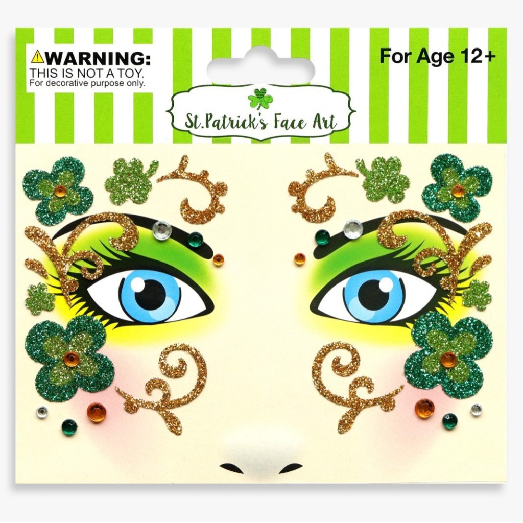 Four-leaf clover glitter face-art design in green and gold, age twelve plus packaging