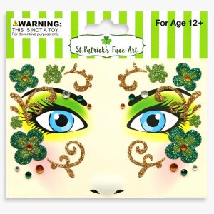 Four-leaf clover glitter face-art design in green and gold, age twelve plus packaging