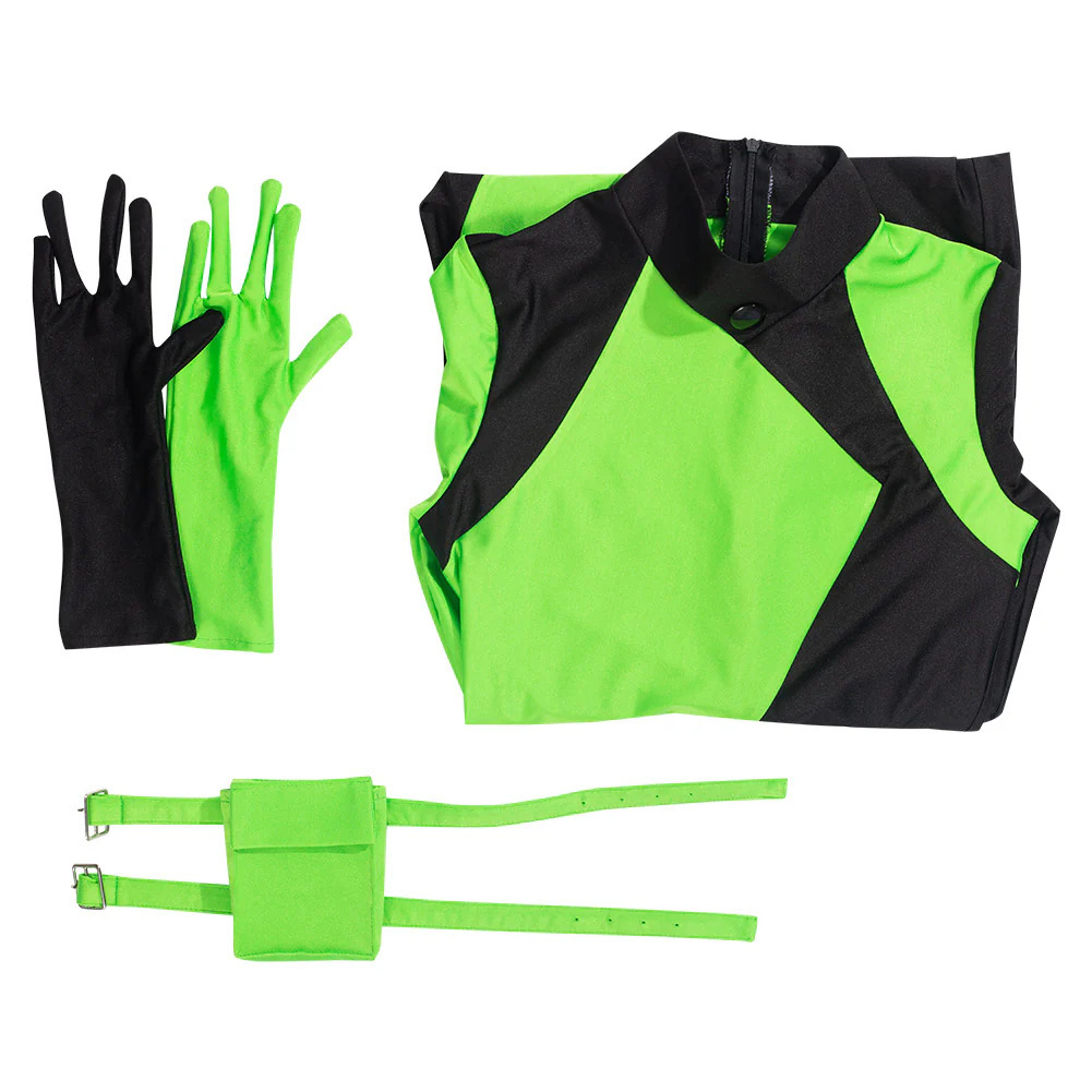 Shego green and black costume suit, black and green gloves, and thigh pouch pictured together