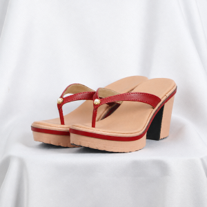 Tan platform heeled thong sandals with red straps, pair