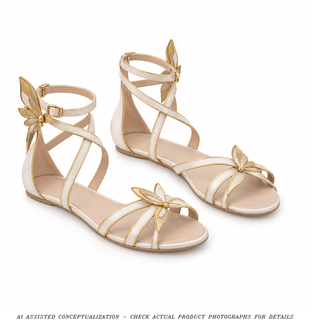 AI-assisted isolated white and gold Firefly-inspired shoe pair concept; check actual product photographs for details