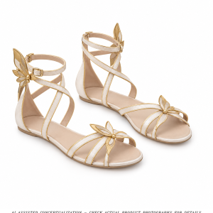 AI-assisted isolated white and gold Firefly-inspired shoe pair concept; check actual product photographs for details