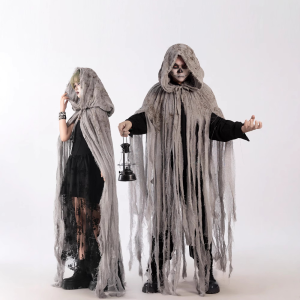 Silver-grey tattered hooded cloak, front and side styling
