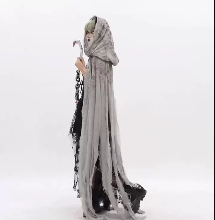 Silver-grey tattered hooded cloak, side drape