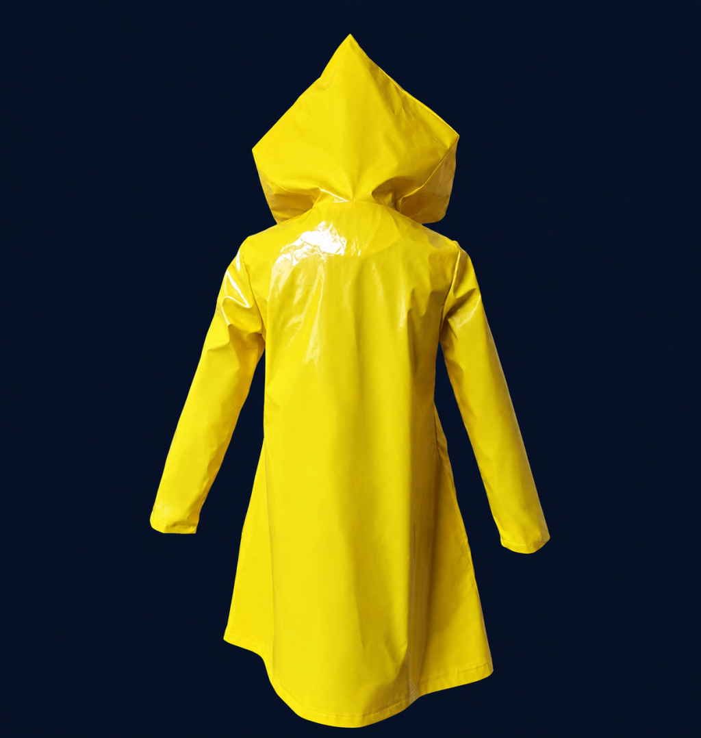 Six yellow hooded costume coat back