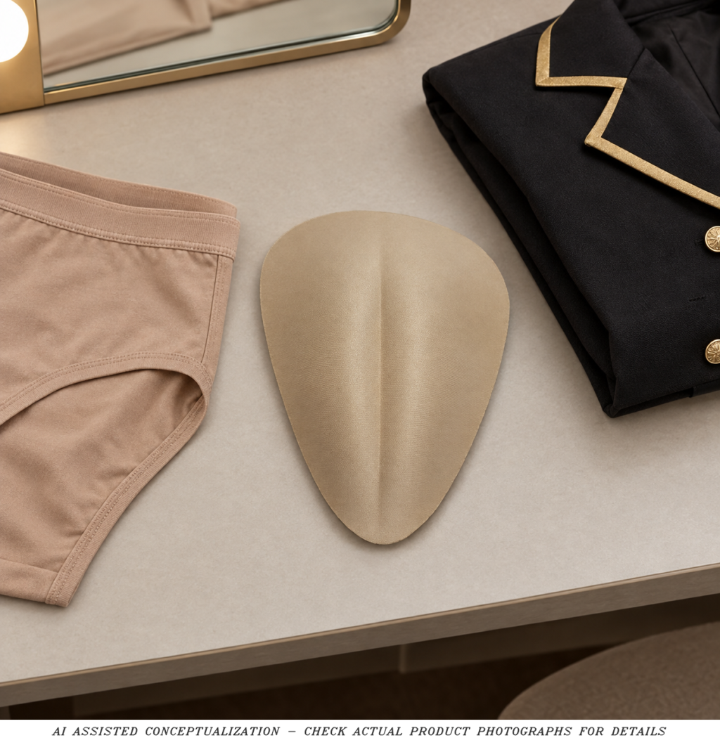 AI wardrobe concept of Nude smooth triangular insert beside costume layers