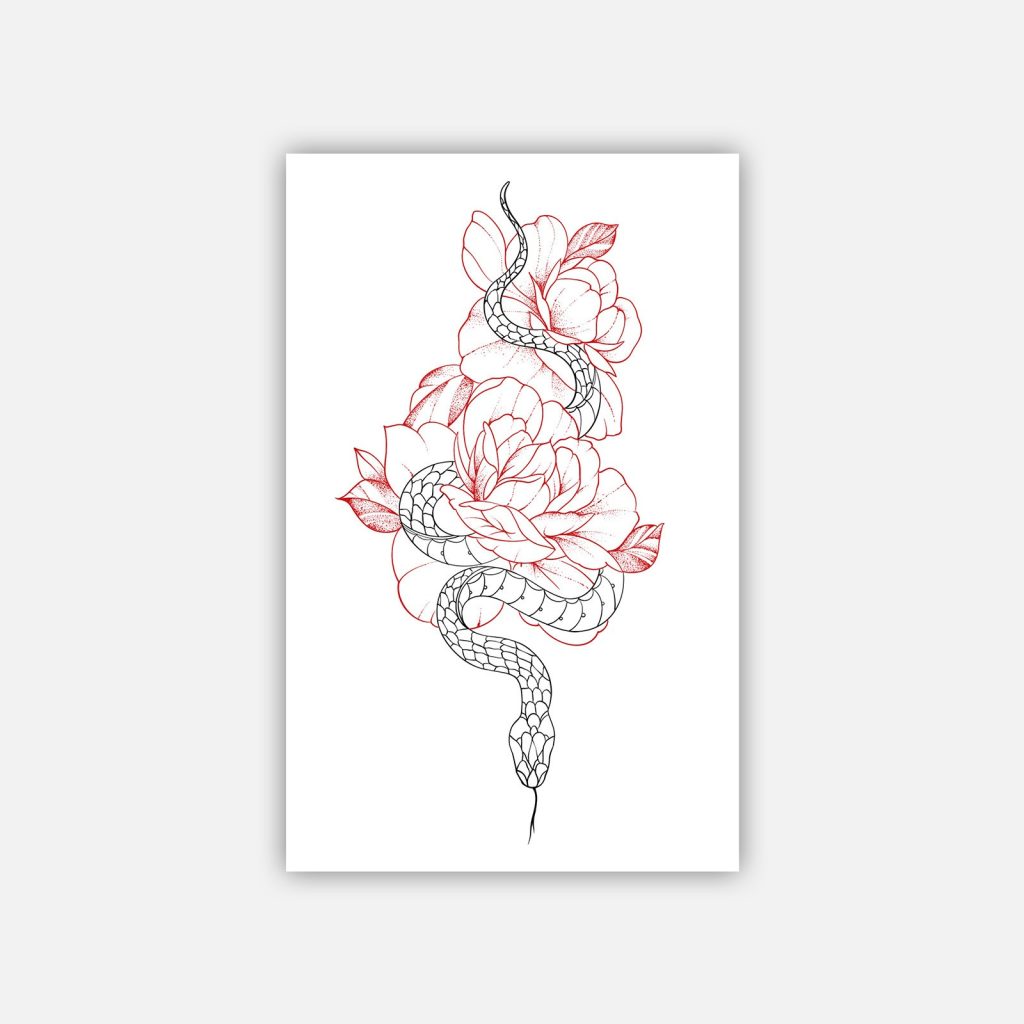 Red flower and black snake tattoo sheet