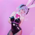 Hatsune Miku Rabbit Hole black bunny bodysuit with pink trim on model