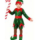 Green and red children's Christmas elf costume with pointed tunic and belt