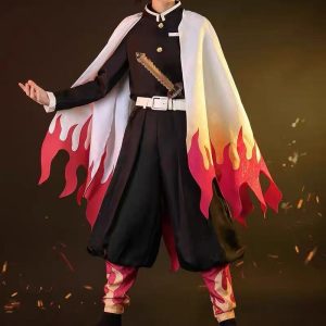 Rengoku black uniform with white flame haori and patterned leg wraps, front view