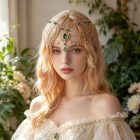 Jewel-Drop Forehead Chain with Hair Clips — Green