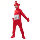 Adult red Teletubbies-style costume with antenna hood and silver belly panel