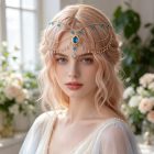 Jewel-Drop Forehead Chain with Hair Clips — Lake blue