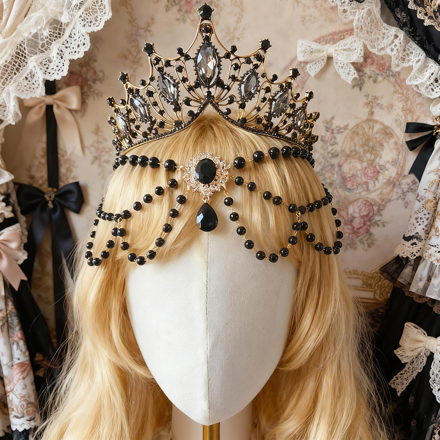 Dark Queen Crown &Amp; Forehead Chain Builder 1 Matching pointed crown and draped black bead forehead chain together