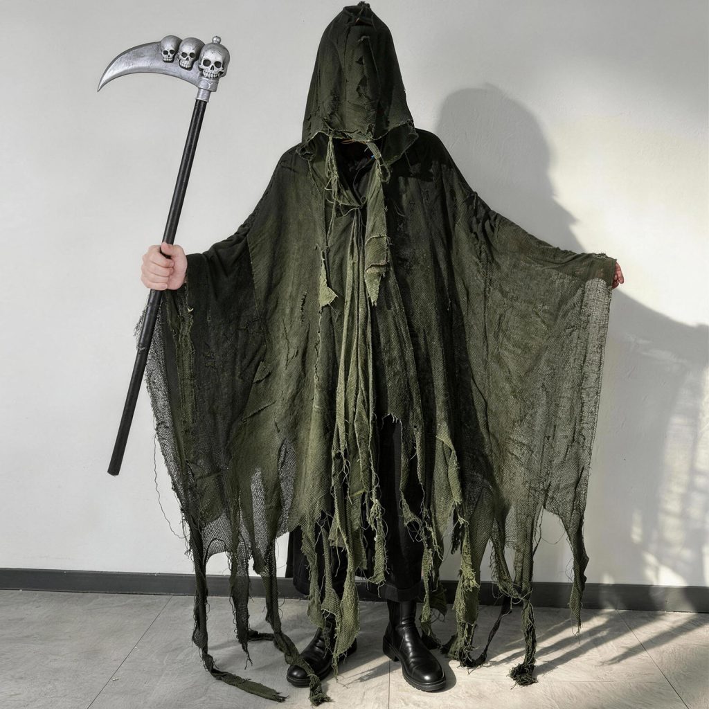 Light grey and white tattered hooded reaper cape worn