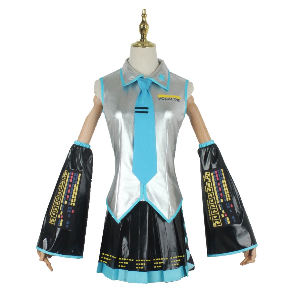 Hatsune Miku silver-white VOCALOID costume front with turquoise tie and printed arm sleeves