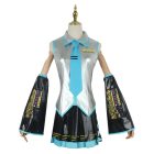 Hatsune Miku silver-white VOCALOID costume front with turquoise tie and printed arm sleeves