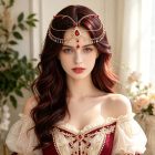 Jewel-Drop Forehead Chain with Hair Clips — Red