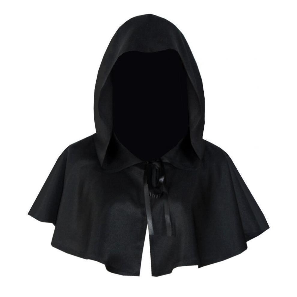 Black hooded short capelet with neck ties