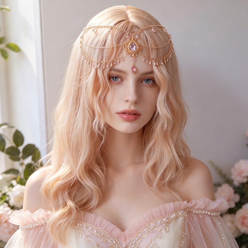 Jewel-Drop Forehead Chain with Hair Clips — Pink