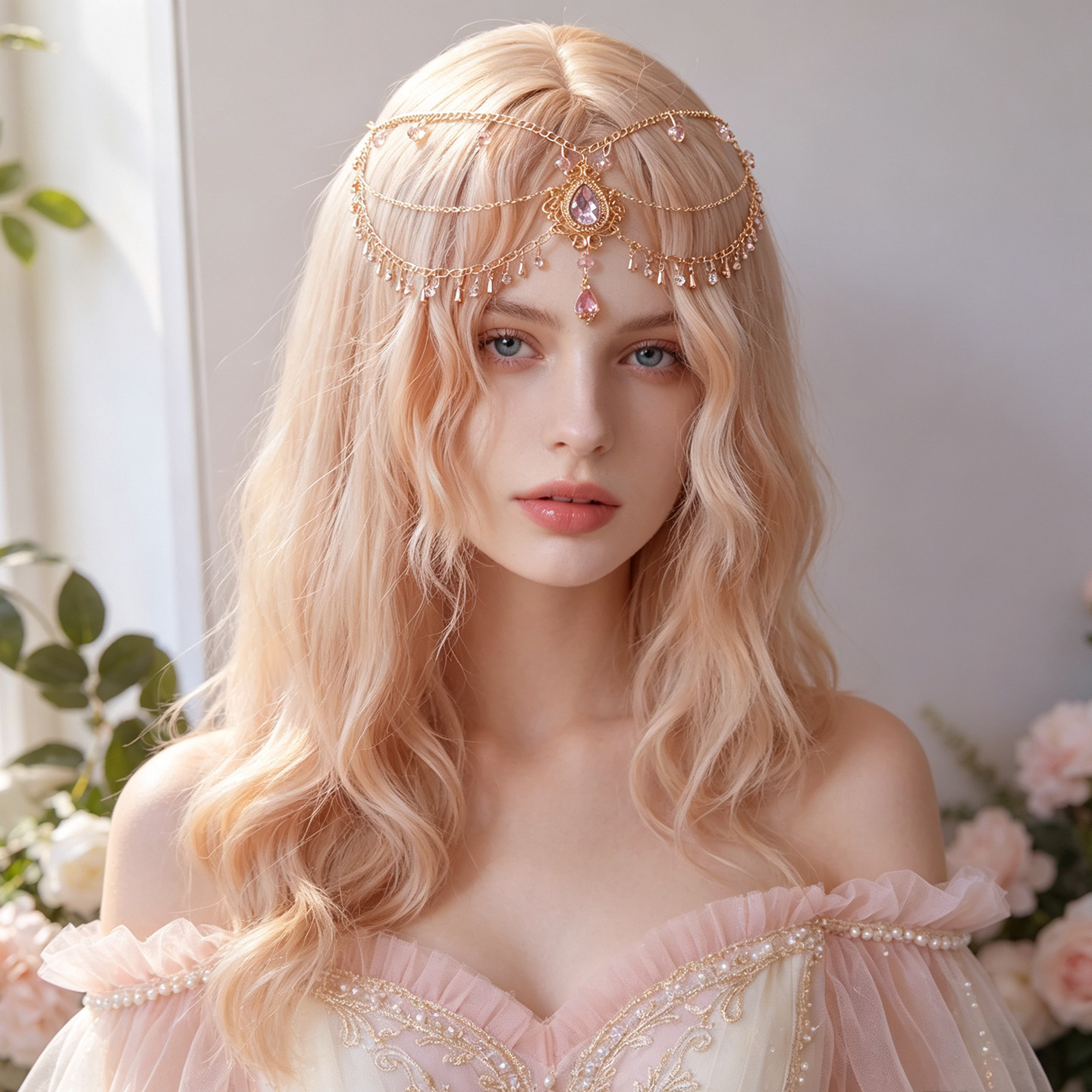 Jewel-Drop Forehead Chain with Hair Clips — Pink