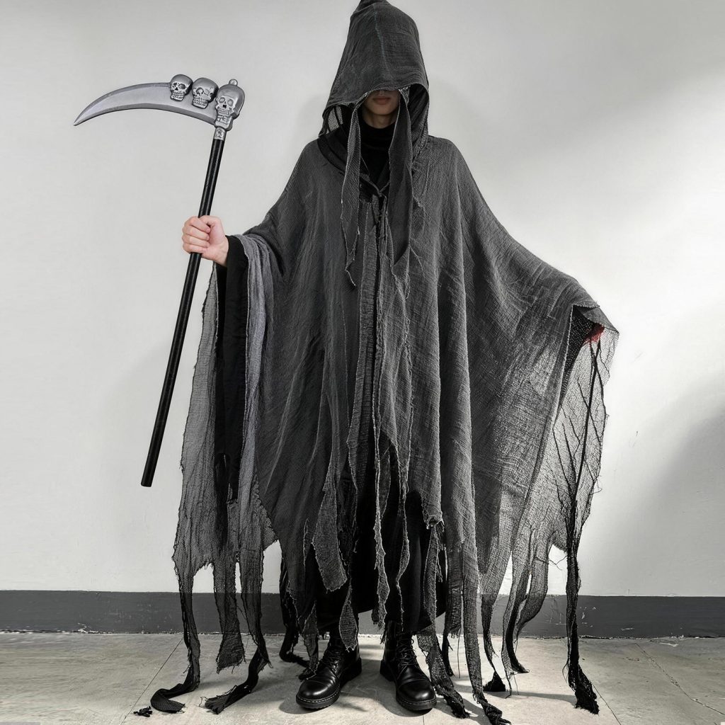 Grey ragged hooded reaper cape spread wide