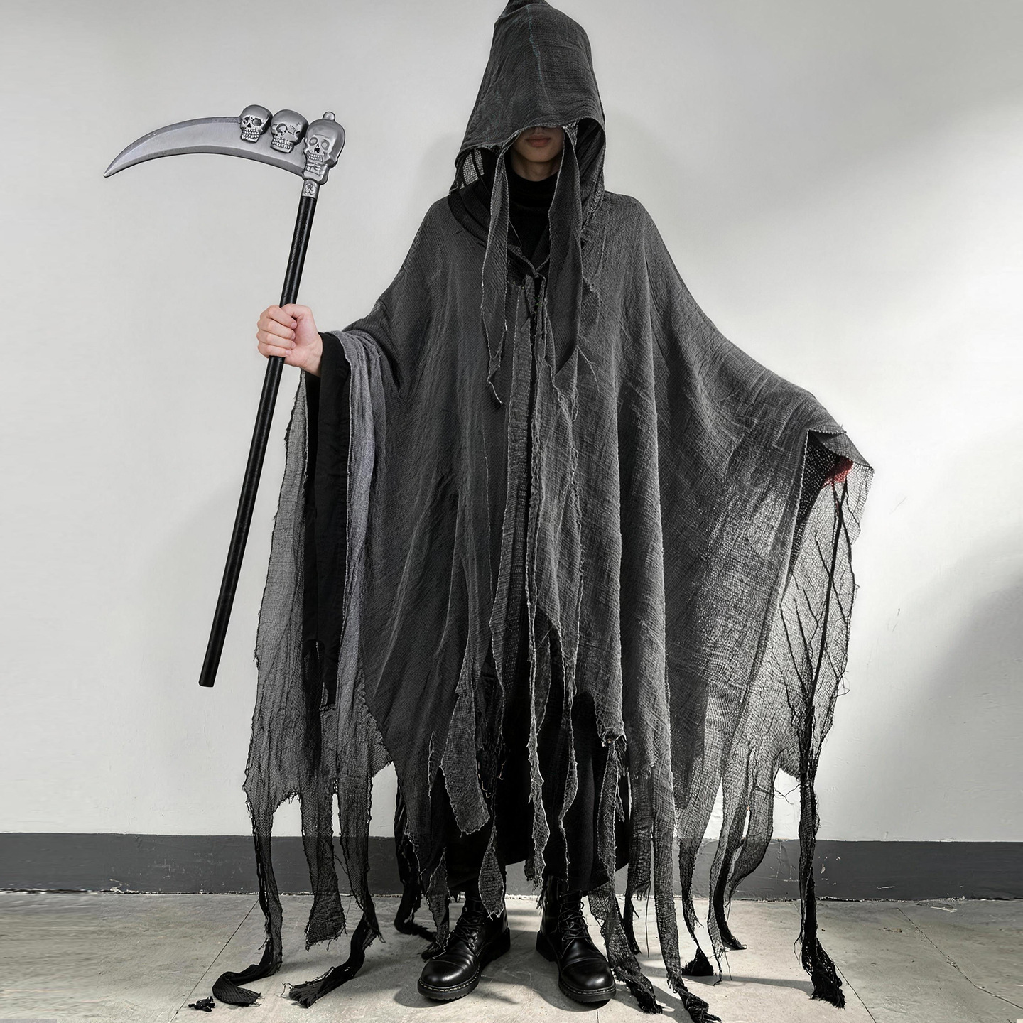 Build A Reaper Look — Tattered Cape And Skull Scythe 1 Wide hooded reaper cape with torn hems